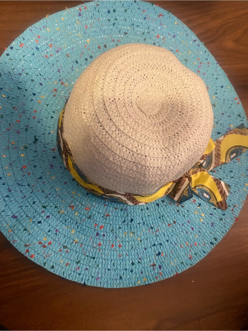 Wide Brim Straw Sun Hat with Turquoise Brim and Yellow Scarf